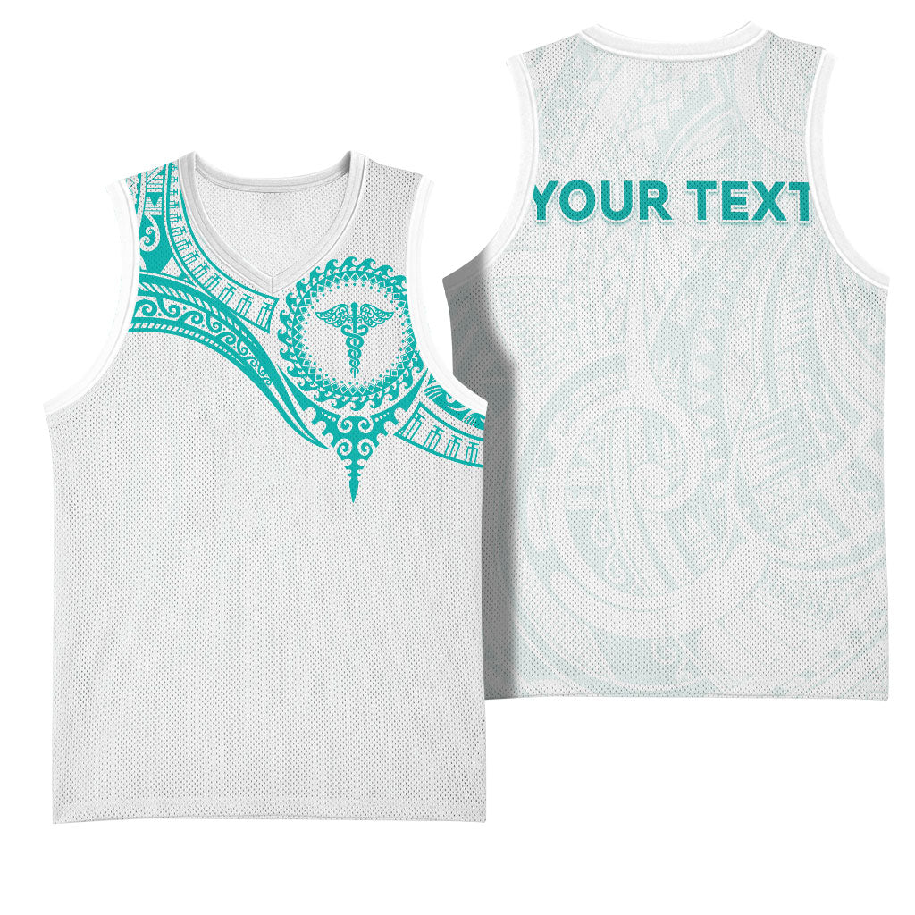 Personalised New Zealand Aotearoa Basketball Jersey Nurse Tribal Teal Version