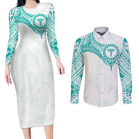 Personalised New Zealand Aotearoa Couples Matching Long Sleeve Bodycon Dress and Long Sleeve Button Shirt Nurse Tribal Teal Version