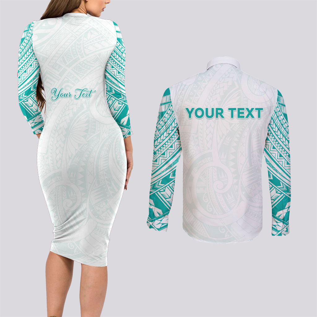 Personalised New Zealand Aotearoa Couples Matching Long Sleeve Bodycon Dress and Long Sleeve Button Shirt Nurse Tribal Teal Version