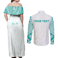 Personalised New Zealand Aotearoa Couples Matching Off Shoulder Maxi Dress and Long Sleeve Button Shirt Nurse Tribal Teal Version LT05 - Polynesian Pride