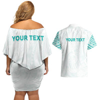 Personalised New Zealand Aotearoa Couples Matching Off Shoulder Short Dress and Hawaiian Shirt Nurse Tribal Teal Version