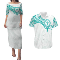 Personalised New Zealand Aotearoa Couples Matching Puletasi and Hawaiian Shirt Nurse Tribal Teal Version LT05 Teal - Polynesian Pride
