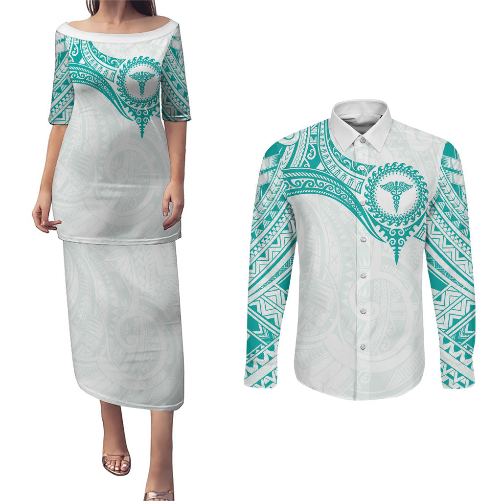Personalised New Zealand Aotearoa Couples Matching Puletasi and Long Sleeve Button Shirt Nurse Tribal Teal Version LT05 Teal - Polynesian Pride