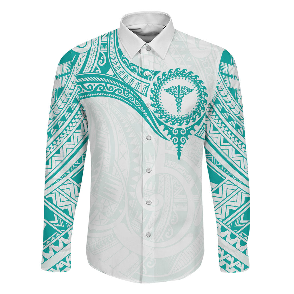 Personalised New Zealand Aotearoa Family Matching Off Shoulder Maxi Dress and Hawaiian Shirt Nurse Tribal Teal Version LT05 Dad's Shirt - Long Sleeve Teal - Polynesian Pride