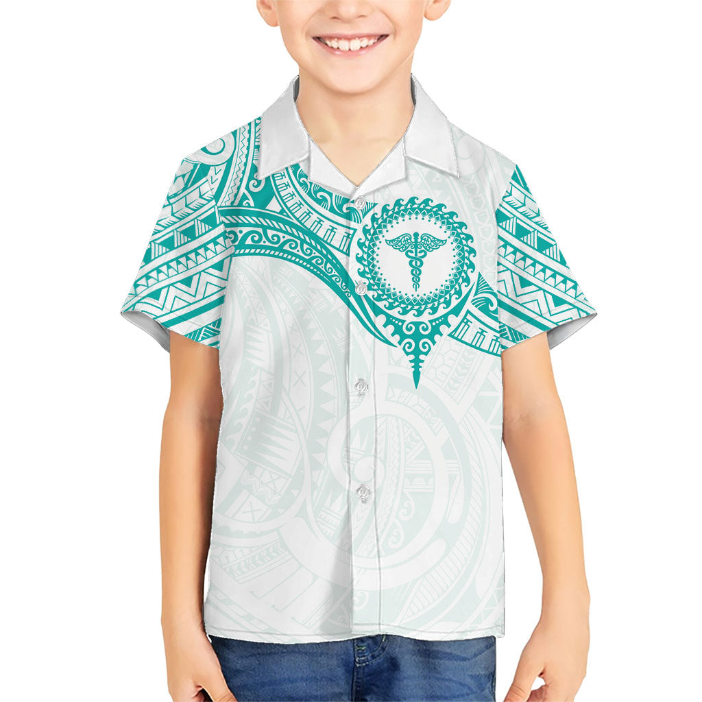 Personalised New Zealand Aotearoa Family Matching Short Sleeve Bodycon Dress and Hawaiian Shirt Nurse Tribal Teal Version LT05 Son's Shirt Teal - Polynesian Pride