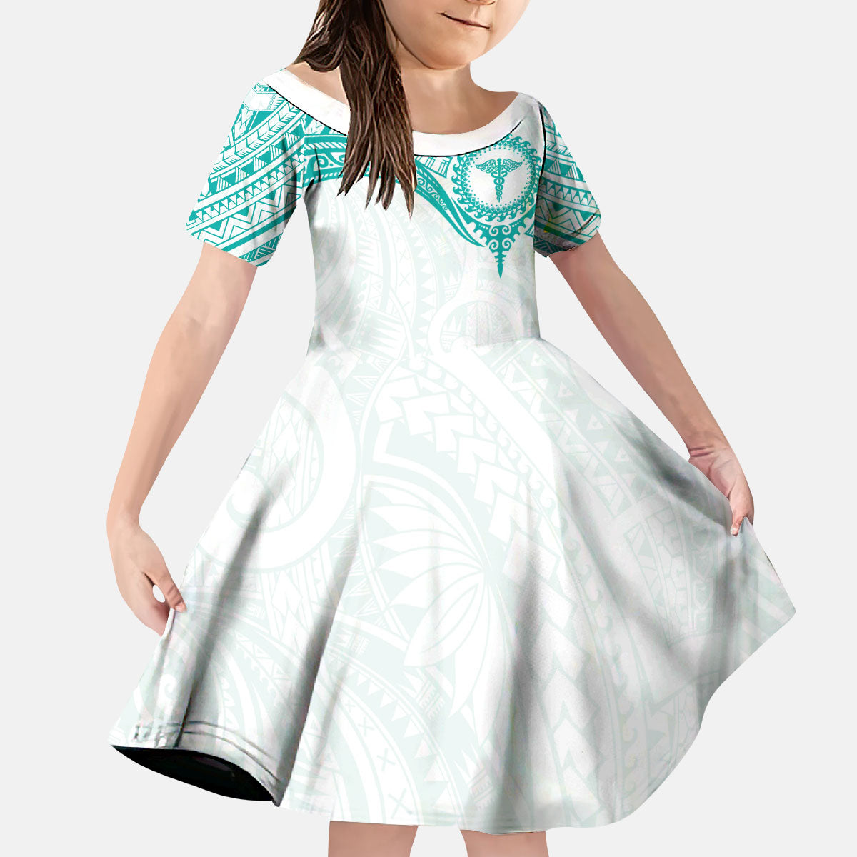 Personalised New Zealand Aotearoa Kid Short Sleeve Dress Nurse Tribal Teal Version LT05 KID Teal - Polynesian Pride