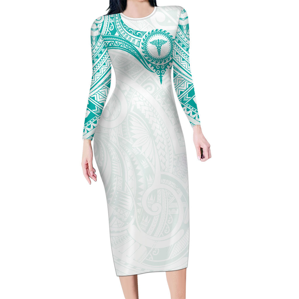 Personalised New Zealand Aotearoa Long Sleeve Bodycon Dress Nurse Tribal Teal Version
