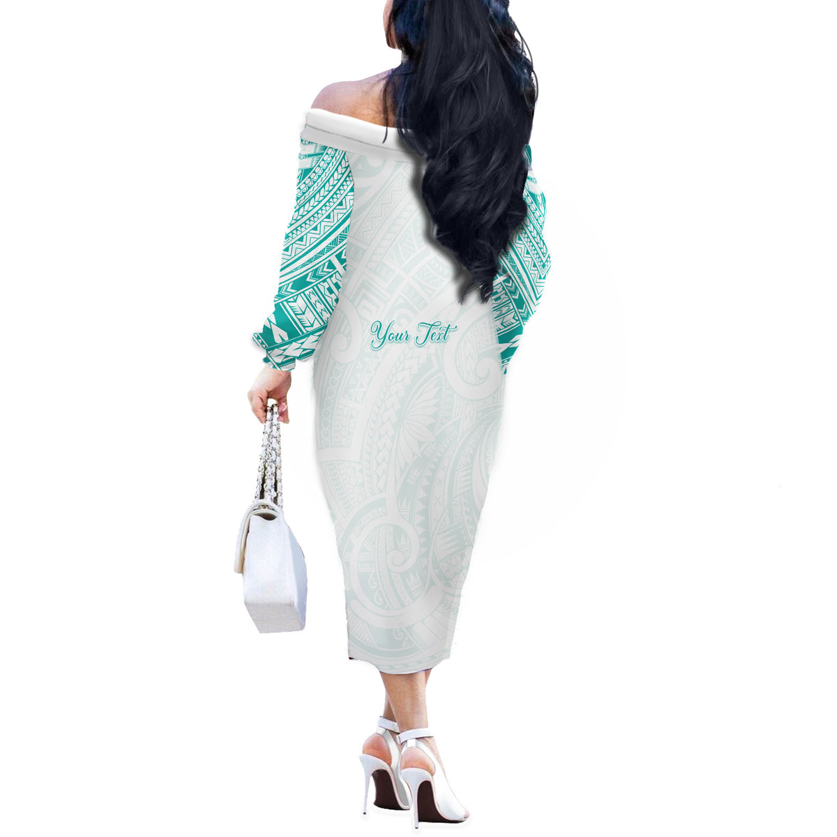 Personalised New Zealand Aotearoa Off The Shoulder Long Sleeve Dress Nurse Tribal Teal Version LT05 - Polynesian Pride