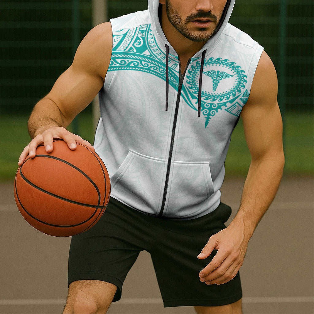 Personalised New Zealand Aotearoa Sleeveless Zip Hoodie Nurse Tribal Teal Version LT05 - Polynesian Pride