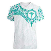 Personalised New Zealand Aotearoa Women V-Neck T-Shirt Nurse Tribal Teal Version LT05 Female Teal - Polynesian Pride