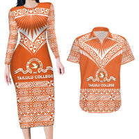 Personalised Tonga Tailulu College Couples Matching Long Sleeve Bodycon Dress and Hawaiian Shirt Tongan Kupesi Pattern LT05 Orange - Polynesian Pride