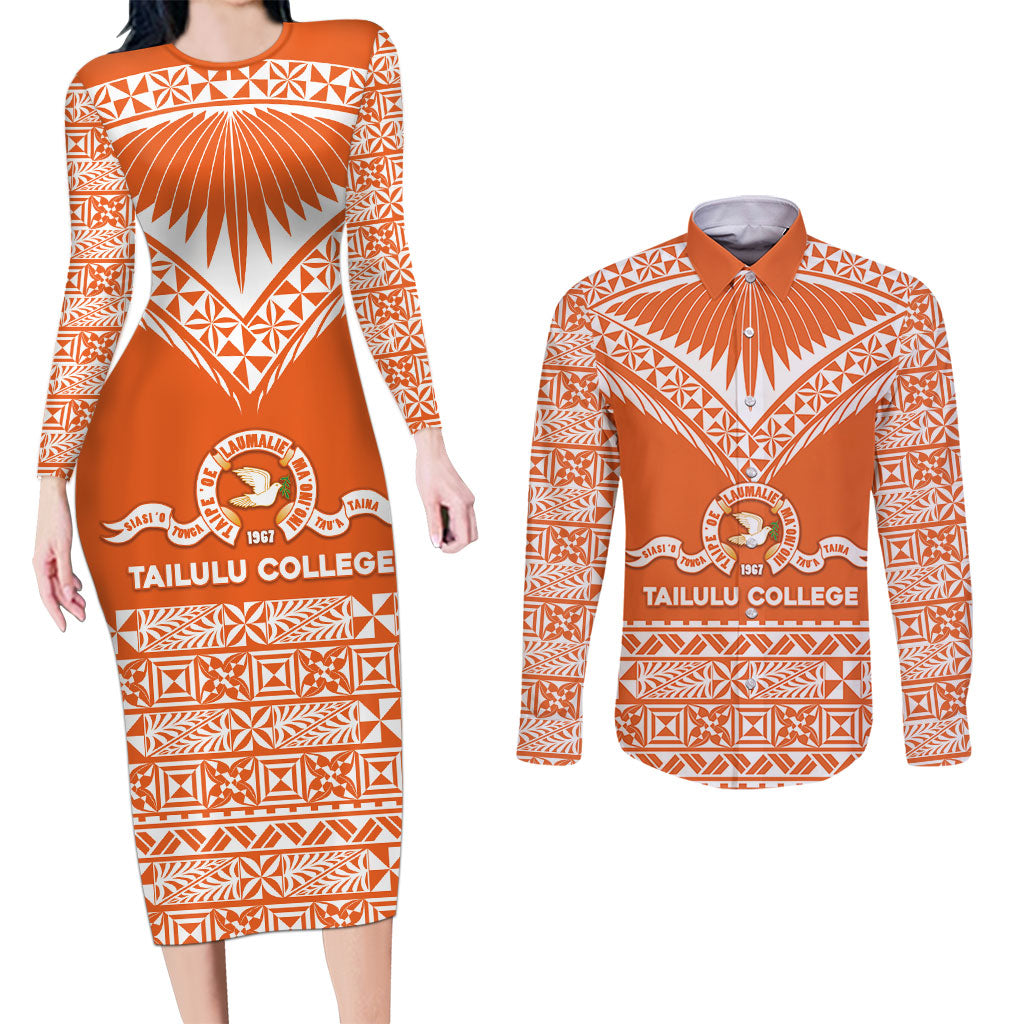 Personalised Tonga Tailulu College Couples Matching Long Sleeve Bodycon Dress and Long Sleeve Button Shirt Tongan Kupesi Pattern LT05 Orange - Polynesian Pride
