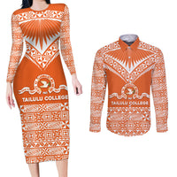 Personalised Tonga Tailulu College Couples Matching Long Sleeve Bodycon Dress and Long Sleeve Button Shirt Tongan Kupesi Pattern LT05 Orange - Polynesian Pride