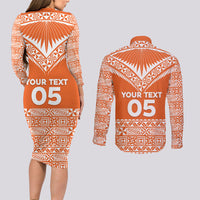 Personalised Tonga Tailulu College Couples Matching Long Sleeve Bodycon Dress and Long Sleeve Button Shirt Tongan Kupesi Pattern LT05 - Polynesian Pride