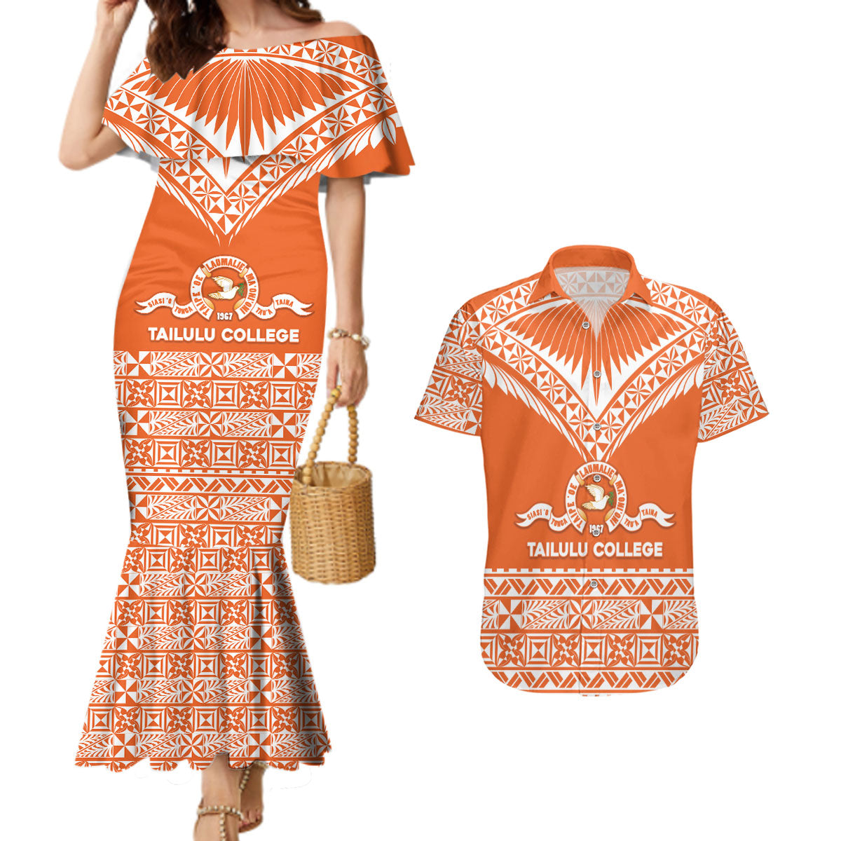 Personalised Tonga Tailulu College Couples Matching Mermaid Dress and Hawaiian Shirt Tongan Kupesi Pattern LT05 Orange - Polynesian Pride