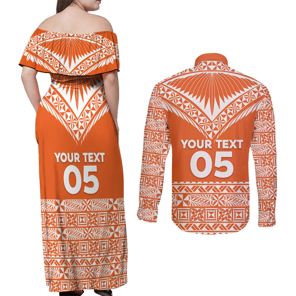 Personalised Tonga Tailulu College Couples Matching Off Shoulder Maxi Dress and Long Sleeve Button Shirt Tongan Kupesi Pattern