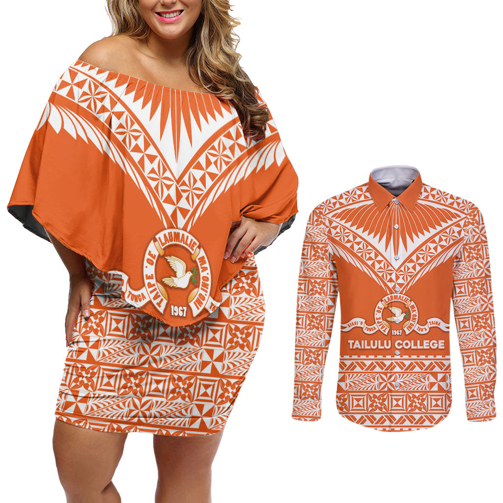 Personalised Tonga Tailulu College Couples Matching Off Shoulder Short Dress and Long Sleeve Button Shirt Tongan Kupesi Pattern