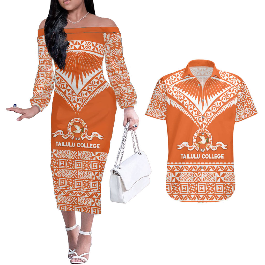 Personalised Tonga Tailulu College Couples Matching Off The Shoulder Long Sleeve Dress and Hawaiian Shirt Tongan Kupesi Pattern LT05 Orange - Polynesian Pride