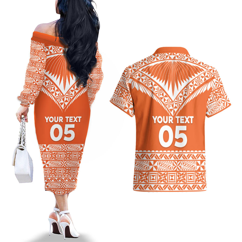 Personalised Tonga Tailulu College Couples Matching Off The Shoulder Long Sleeve Dress and Hawaiian Shirt Tongan Kupesi Pattern LT05 - Polynesian Pride