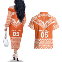 Personalised Tonga Tailulu College Couples Matching Off The Shoulder Long Sleeve Dress and Hawaiian Shirt Tongan Kupesi Pattern LT05 - Polynesian Pride