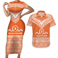 Personalised Tonga Tailulu College Couples Matching Short Sleeve Bodycon Dress and Hawaiian Shirt Tongan Kupesi Pattern LT05 Orange - Polynesian Pride