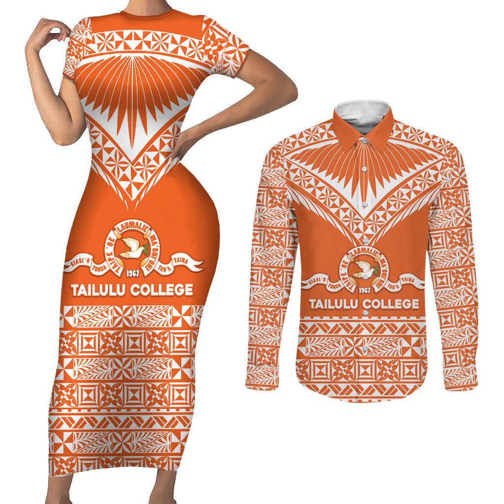 Personalised Tonga Tailulu College Couples Matching Short Sleeve Bodycon Dress and Long Sleeve Button Shirt Tongan Kupesi Pattern LT05 Orange - Polynesian Pride