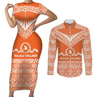 Personalised Tonga Tailulu College Couples Matching Short Sleeve Bodycon Dress and Long Sleeve Button Shirt Tongan Kupesi Pattern LT05 Orange - Polynesian Pride