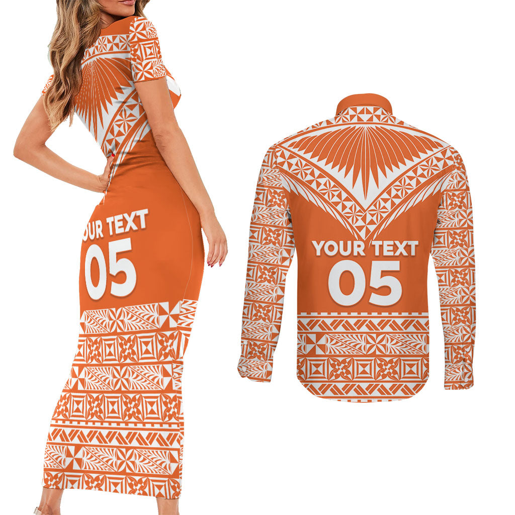 Personalised Tonga Tailulu College Couples Matching Short Sleeve Bodycon Dress and Long Sleeve Button Shirt Tongan Kupesi Pattern LT05 - Polynesian Pride