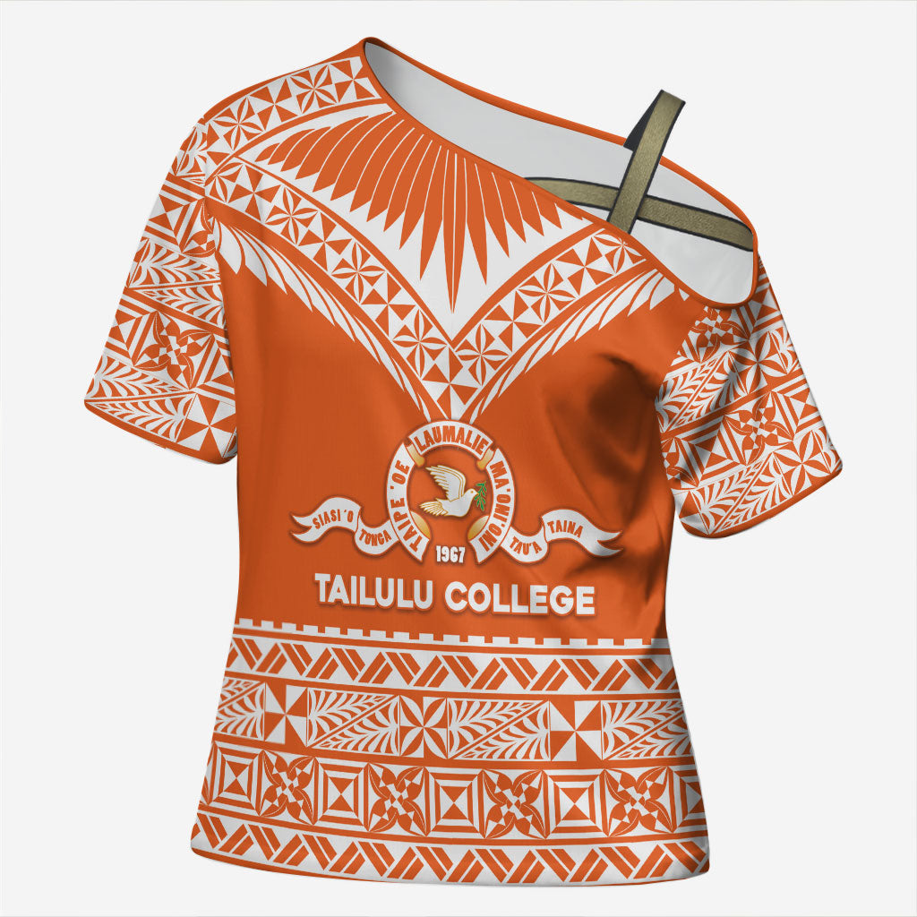 Personalised Tonga Tailulu College Cross Shoulder Shirt Tongan Kupesi Pattern LT05 Female Orange - Polynesian Pride