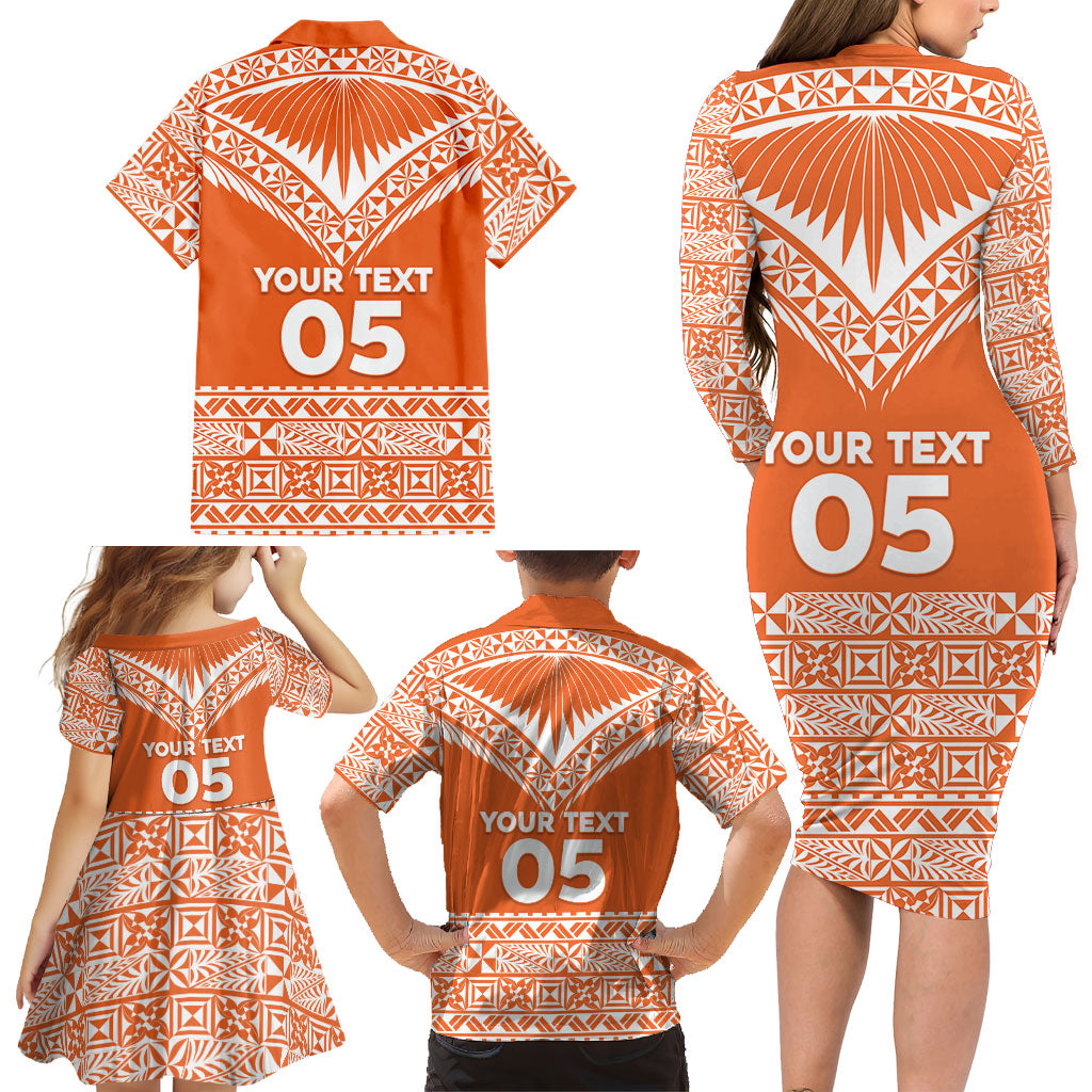 Personalised Tonga Tailulu College Family Matching Long Sleeve Bodycon Dress and Hawaiian Shirt Tongan Kupesi Pattern