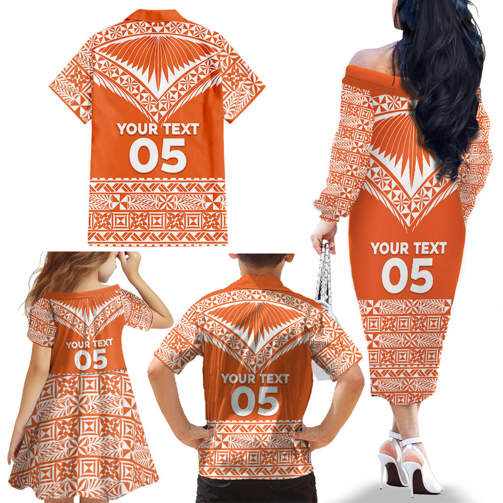 Personalised Tonga Tailulu College Family Matching Off The Shoulder Long Sleeve Dress and Hawaiian Shirt Tongan Kupesi Pattern