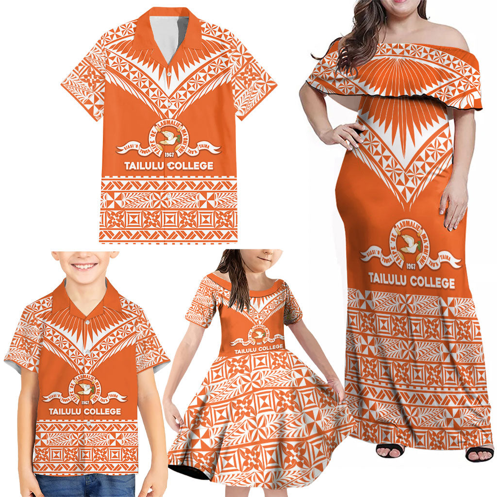 Personalised Tonga Tailulu College Family Matching Off Shoulder Maxi Dress and Hawaiian Shirt Tongan Kupesi Pattern LT05 - Polynesian Pride