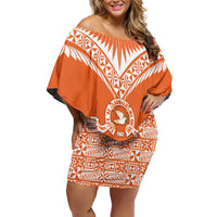 Personalised Tonga Tailulu College Family Matching Off Shoulder Short Dress and Hawaiian Shirt Tongan Kupesi Pattern LT05 Mom's Dress Orange - Polynesian Pride
