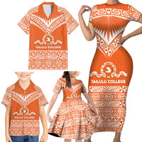 Personalised Tonga Tailulu College Family Matching Short Sleeve Bodycon Dress and Hawaiian Shirt Tongan Kupesi Pattern