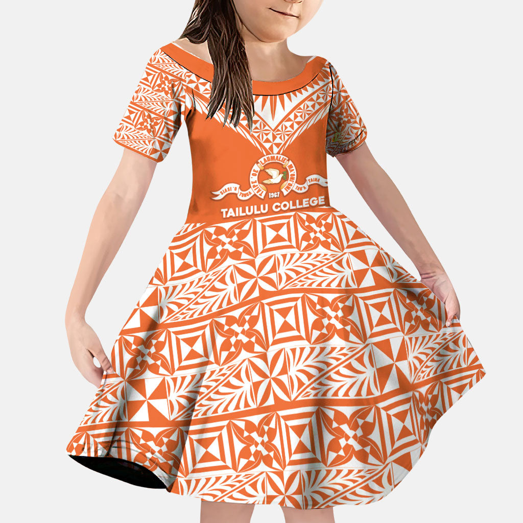 Personalised Tonga Tailulu College Family Matching Summer Maxi Dress and Hawaiian Shirt Tongan Kupesi Pattern LT05 Daughter's Dress Orange - Polynesian Pride