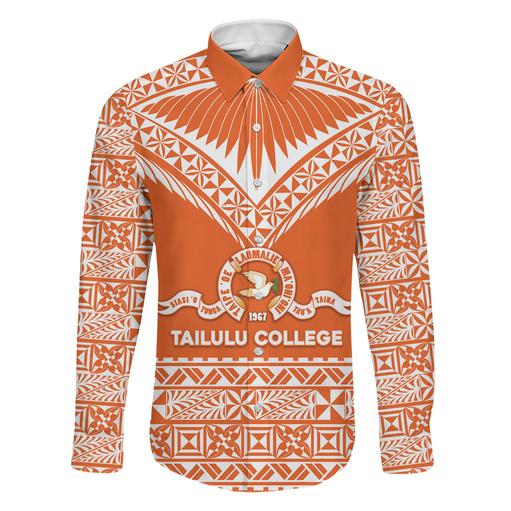 Personalised Tonga Tailulu College Family Matching Tank Maxi Dress and Hawaiian Shirt Tongan Kupesi Pattern LT05 Dad's Shirt - Long Sleeve Orange - Polynesian Pride