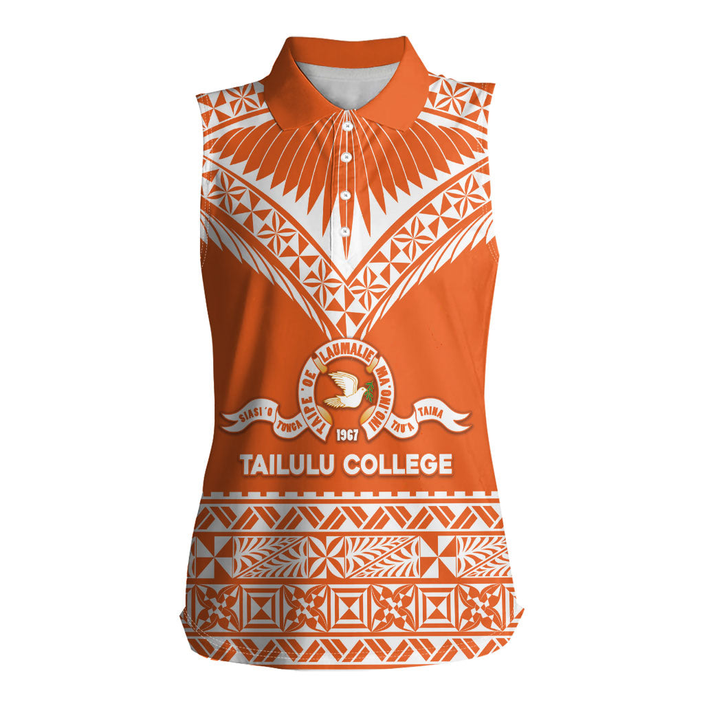 Personalised Tonga Tailulu College Women Sleeveless Polo Shirt Tongan Kupesi Pattern LT05 Female Orange - Polynesian Pride