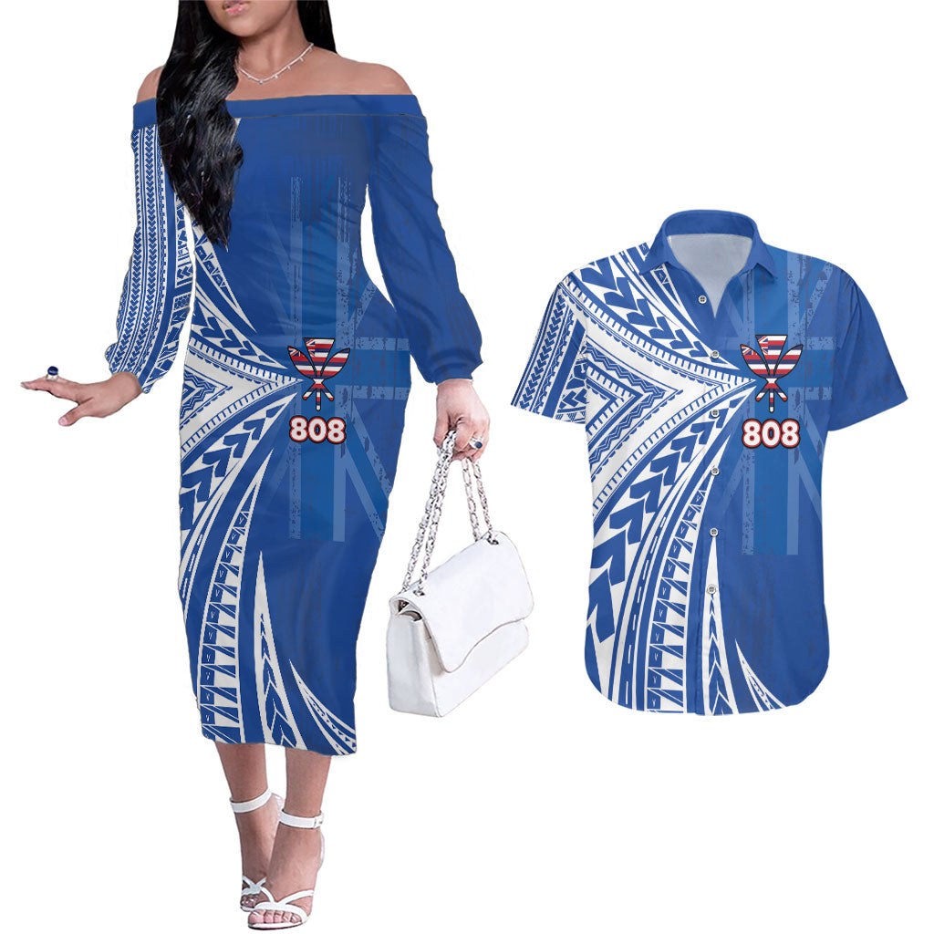 Personalised Hawaii 808 Couples Matching Off The Shoulder Long Sleeve Dress and Hawaiian Shirt Unique Style