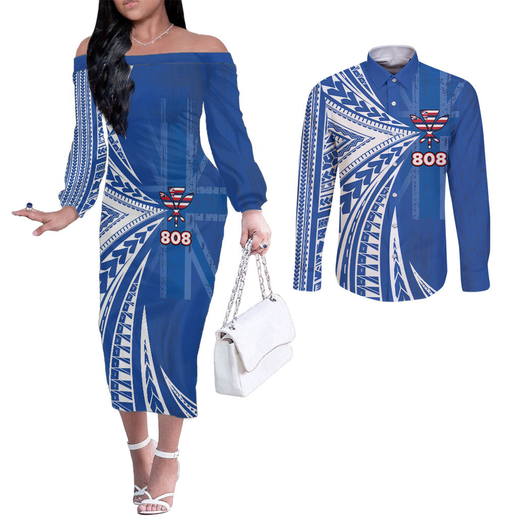 Personalised Hawaii 808 Couples Matching Off The Shoulder Long Sleeve Dress and Long Sleeve Button Shirt Unique Style