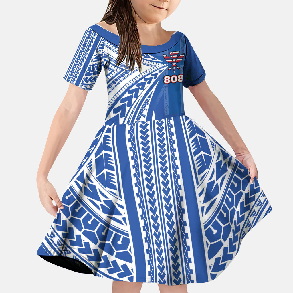 Personalised Hawaii 808 Family Matching Long Sleeve Bodycon Dress and Hawaiian Shirt Unique Style LT05 Daughter's Dress Blue - Polynesian Pride