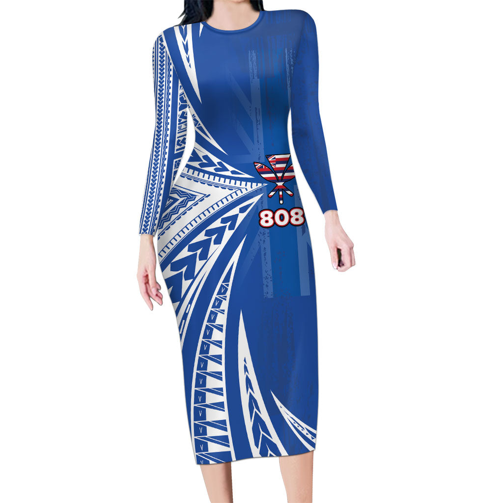 Personalised Hawaii 808 Family Matching Long Sleeve Bodycon Dress and Hawaiian Shirt Unique Style LT05 Mom's Dress Blue - Polynesian Pride