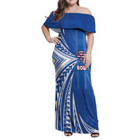 Personalised Hawaii 808 Family Matching Off Shoulder Maxi Dress and Hawaiian Shirt Unique Style LT05 Mom's Dress Blue - Polynesian Pride