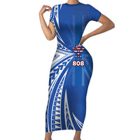 Personalised Hawaii 808 Family Matching Short Sleeve Bodycon Dress and Hawaiian Shirt Unique Style LT05 Mom's Dress Blue - Polynesian Pride