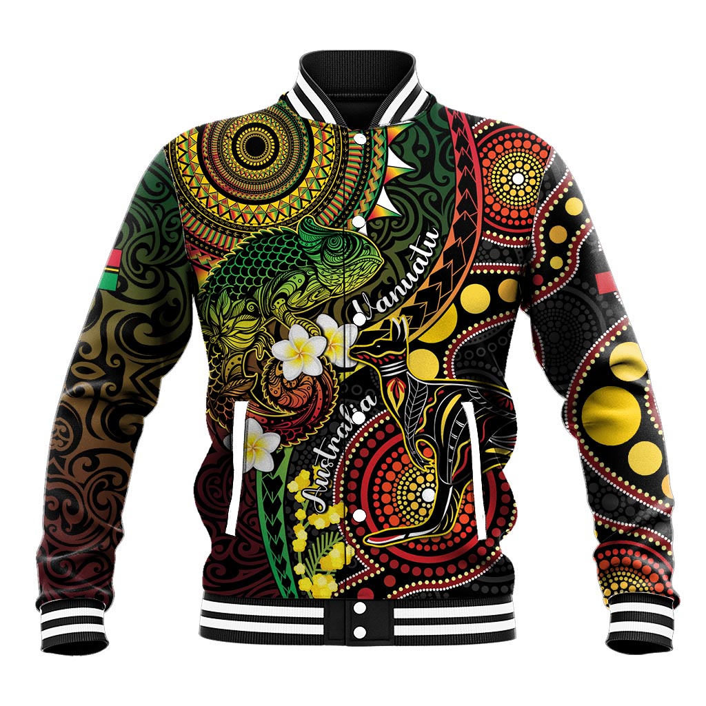 Vanuatu And Australia Aboriginal Baseball Jacket Iguana And Kangaroo Together LT05 Unisex Black - Polynesian Pride