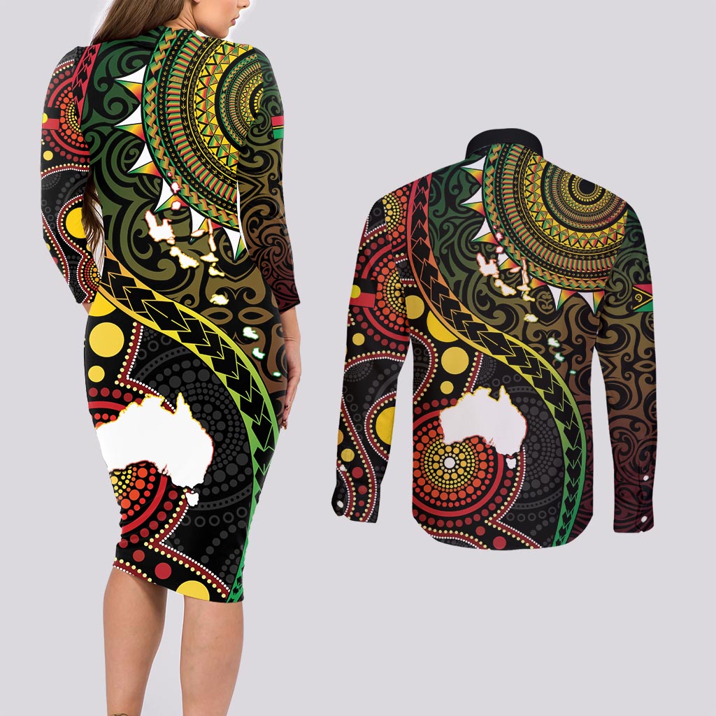 Vanuatu And Australia Aboriginal Couples Matching Long Sleeve Bodycon Dress and Long Sleeve Button Shirt Iguana And Kangaroo Together LT05 - Polynesian Pride