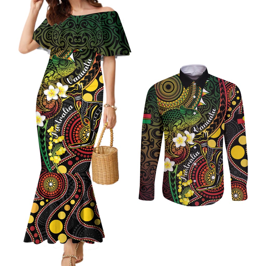 Vanuatu And Australia Aboriginal Couples Matching Mermaid Dress and Long Sleeve Button Shirt Iguana And Kangaroo Together LT05 Black - Polynesian Pride