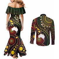 Vanuatu And Australia Aboriginal Couples Matching Mermaid Dress and Long Sleeve Button Shirt Iguana And Kangaroo Together LT05 - Polynesian Pride
