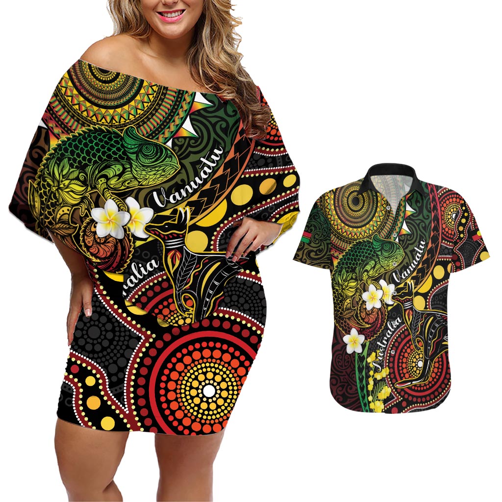 Vanuatu And Australia Aboriginal Couples Matching Off Shoulder Short Dress and Hawaiian Shirt Iguana And Kangaroo Together LT05 Black - Polynesian Pride