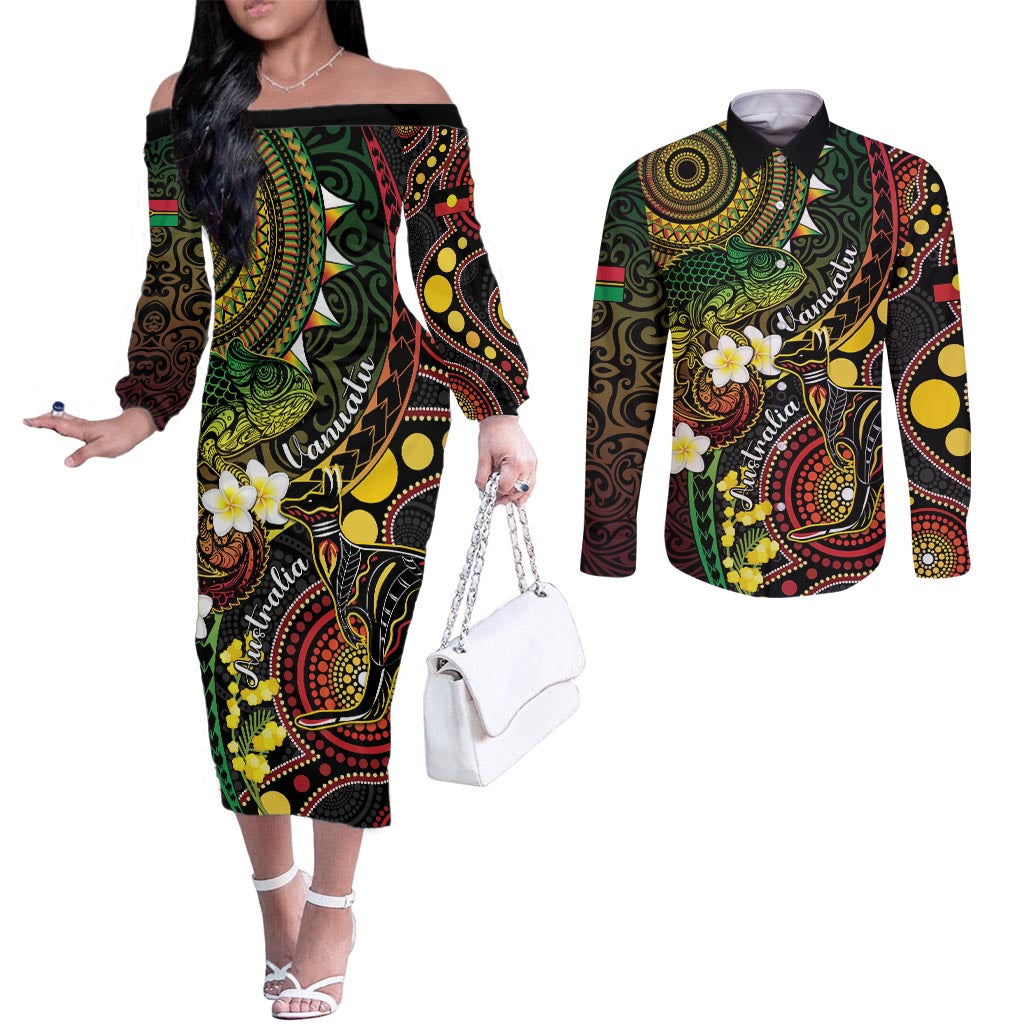 Vanuatu And Australia Aboriginal Couples Matching Off The Shoulder Long Sleeve Dress and Long Sleeve Button Shirt Iguana And Kangaroo Together LT05 Black - Polynesian Pride