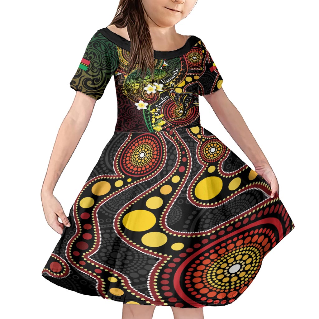 Vanuatu And Australia Aboriginal Family Matching Long Sleeve Bodycon Dress and Hawaiian Shirt Iguana And Kangaroo Together LT05 Daughter's Dress Black - Polynesian Pride